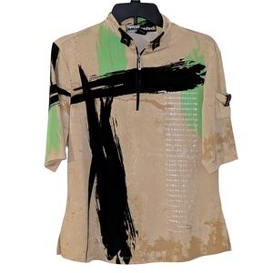 Jamie Sadock Womens Abstract Half Zip Golf‎ Top Tan Black Green Size M